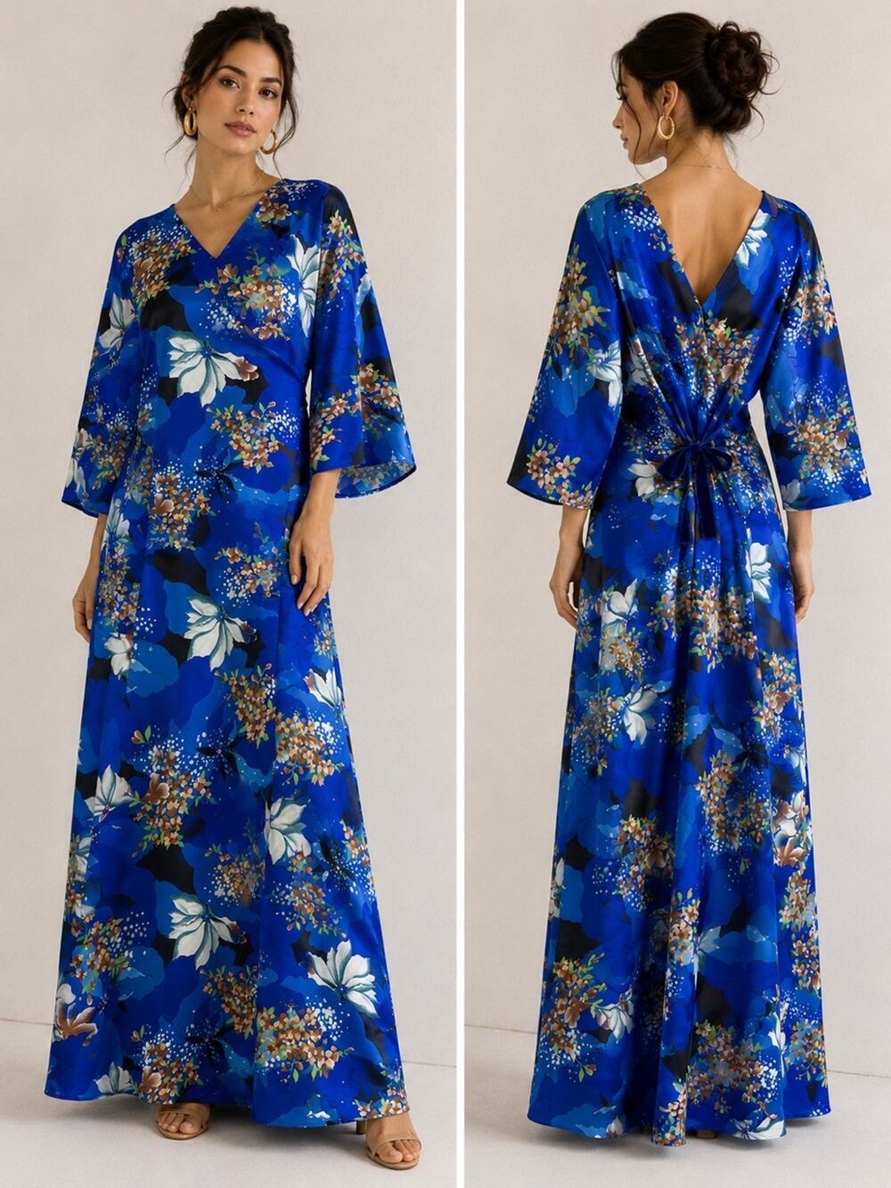 Vintage Handmade Floral Maxi Dress Kimono Sleeve Asian Inspired Hostess Lounge M